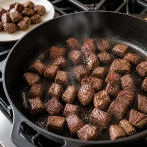 Beef cubes browning in a skillet