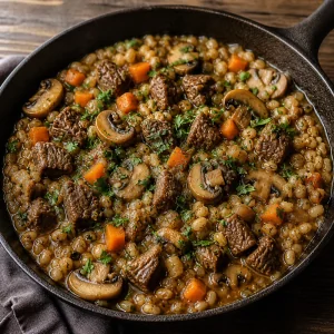 Finished beef and barley skillet with mushrooms