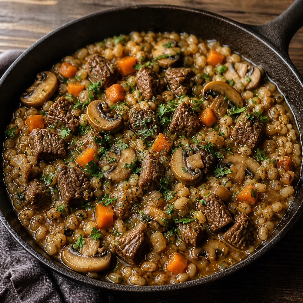 Finished beef and barley skillet with mushrooms