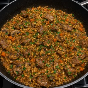Finished beef and barley skillet with parsley