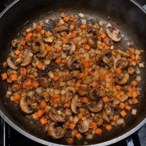 Onion and carrot cooking with browned mushrooms