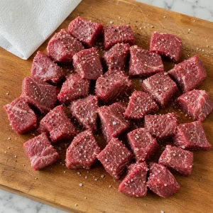 Raw beef cubes seasoned with salt and pepper