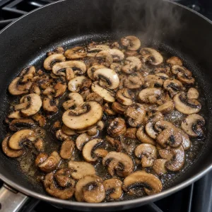 Sliced mushrooms sautéing in a skillet