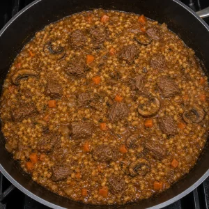 Thickened beef and barley skillet simmering uncovered