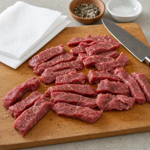 Tiras de carne secas e temperadas com sal e pimenta