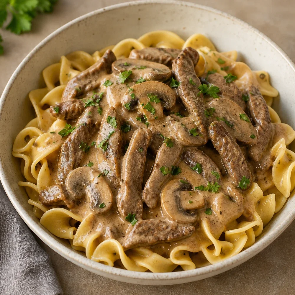Strogonoff de carne com cogumelos em molho cremoso sobre massa de ovos