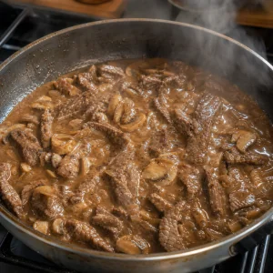 Carne selada cozinhando em molho strogonoff com cogumelos