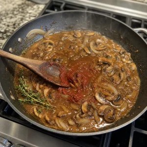 Extrato de tomate e caldo de carne misturados aos cogumelos e cebolas