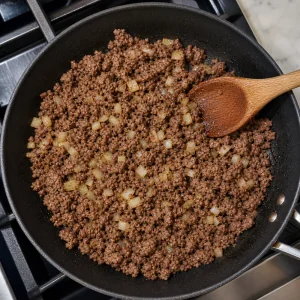 Ground beef and diced onion browned in a skillet