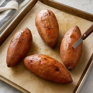 Roasted sweet potatoes being checked with a knife for tenderness