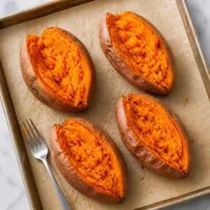 Roasted sweet potatoes split open with the flesh gently mashed