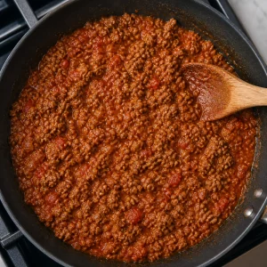 Seasoned taco beef simmering with tomato sauce in a skillet