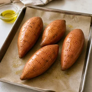 Sweet potatoes pricked with a fork and rubbed with olive oil on a sheet pan