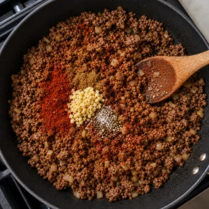 Taco spices and garlic added to browned ground beef
