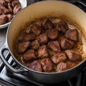 Beef chunks browning in a Dutch oven