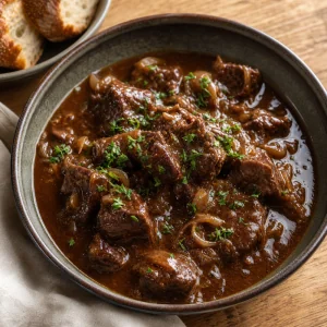 Finished Belgian beef stew with parsley in a bowl