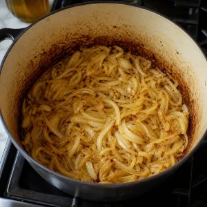 Golden sliced onions cooking in a Dutch oven