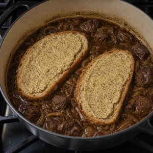 Mustard-spread bread slices resting on beef stew
