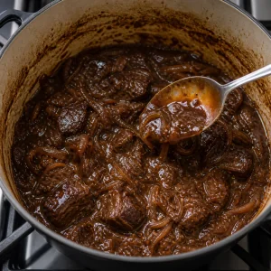 Reduced beef stew sauce coating a spoon