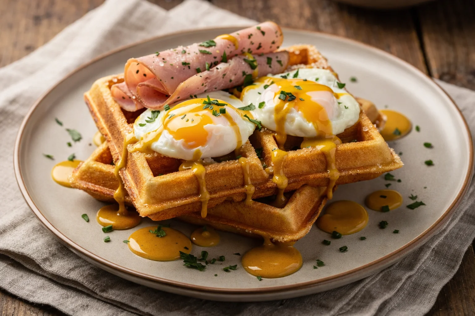 Belgian Liege Waffle Brunch with Herbed Ham & Eggs