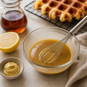 Dijon mustard, maple syrup, and lemon juice whisked into a glossy sauce.