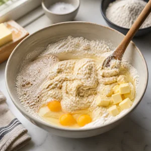Flour, eggs, butter, and foamy yeast mixed into sticky waffle dough.