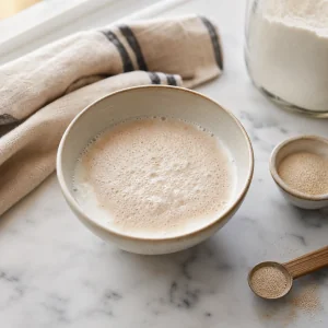 Foamy yeast blooming in warm milk in a small bowl.