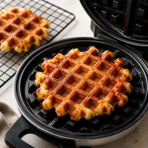 Golden Liege waffle cooking in a waffle iron with caramelized edges.