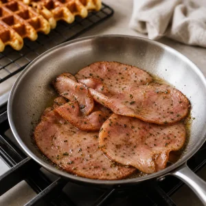 Herbed ham slices warming in a buttered skillet until lightly browned.
