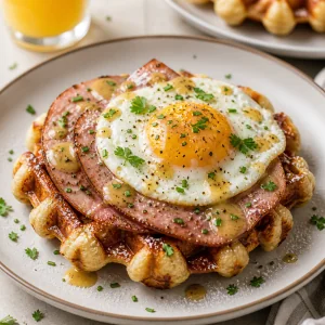 Liege waffle topped with herbed ham, a sunny egg, herbs, and mustard-maple sauce.