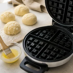 Open waffle iron brushed with butter and ready for Liege waffle dough.