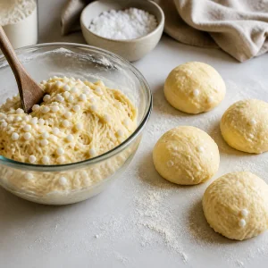 Pearl sugar folded into risen Liege waffle dough with four dough balls nearby.