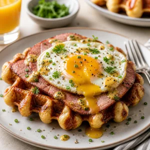 Served Liege waffle brunch with herbed ham, sunny egg, and runny yolk.