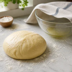 Smooth Liege waffle dough resting on a floured counter beside a covered bowl.