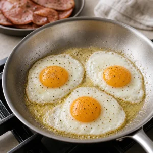 Sunny-side-up eggs cooking in butter with salt and black pepper.