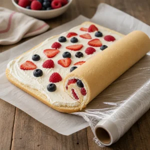 Biscuit à la crème et aux fruits roulé en bûche