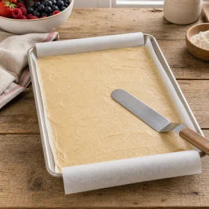 Pâte à biscuit lissée en fine couche dans la plaque