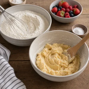 Mélange de farine et pâte souple réunis dans des bols