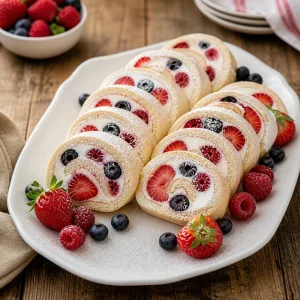 Roulé biscuité aux fruits rouges tranché et poudré de sucre