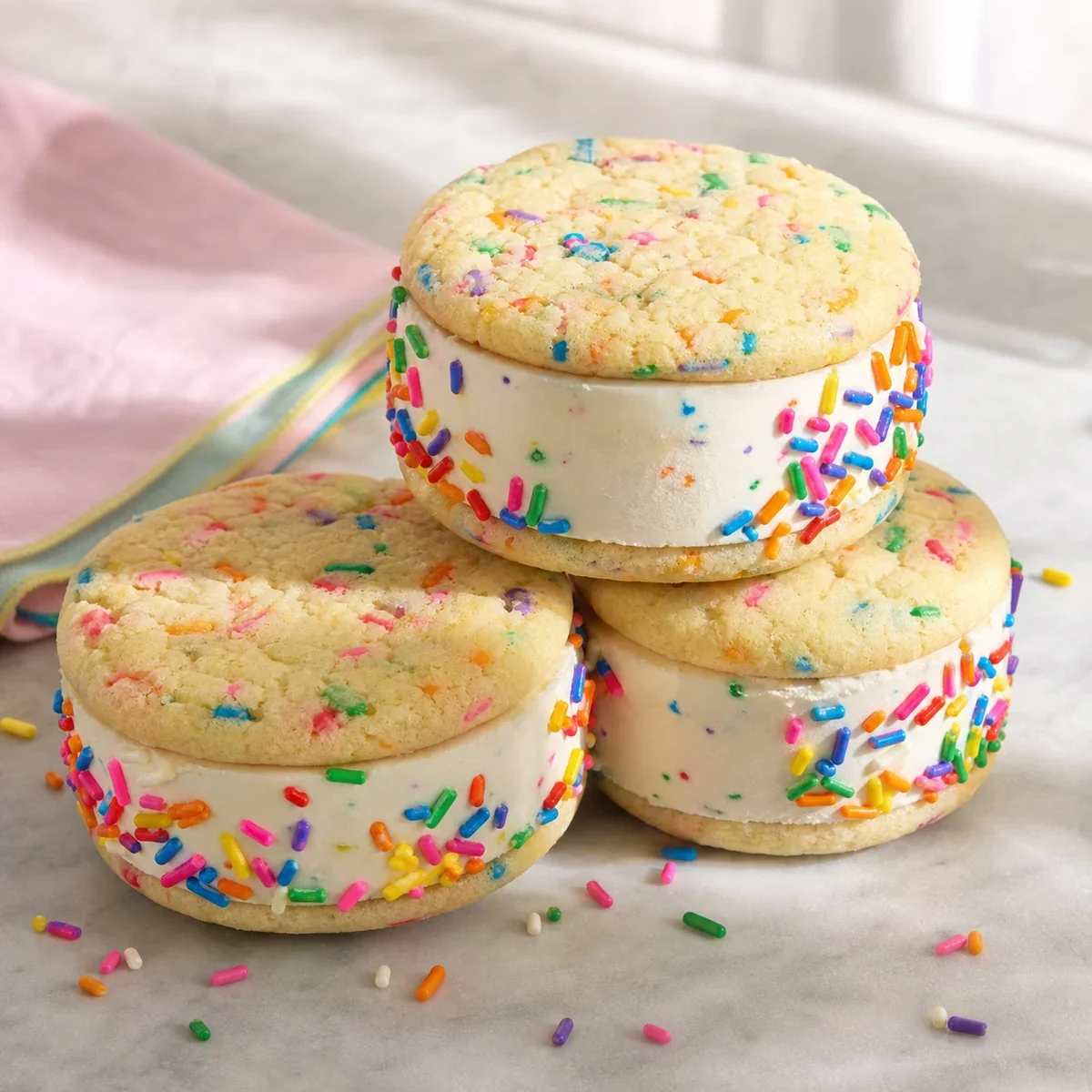 Geburtstags-Eis-Sandwiches mit buntem Streuselrand