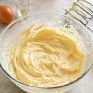 Helle luftige Buttermischung in einer Glasschüssel