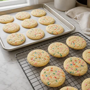 Helle Funfetti-Kekse kühlen auf Blech und Gitter aus