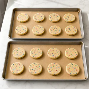 Sechzehn flache Funfetti-Kekse auf zwei Blechen
