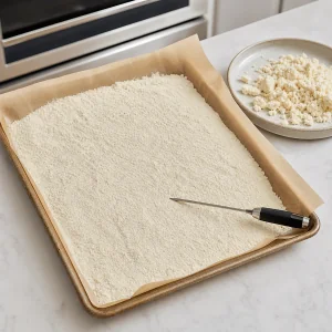 Helle Kuchenbackmischung wird auf einem ausgelegten Blech erhitzt