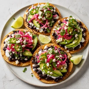 Black bean tostadas topped with pickled red onions jalapenos avocado queso fresco cilantro and lime