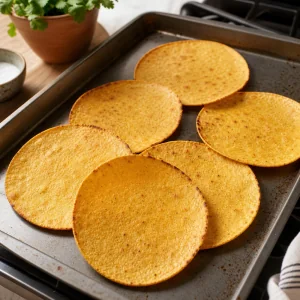 Golden corn tostada shells warming on a baking sheet until crisp