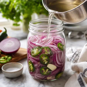 Hot vinegar brine poured over sliced red onions and jalapenos in a glass jar
