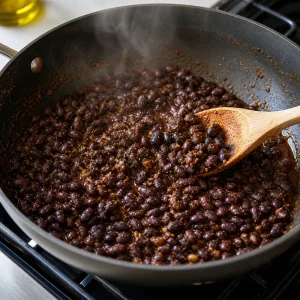 Seasoned black beans cooking in a skillet with cumin chili powder and a wooden spoon