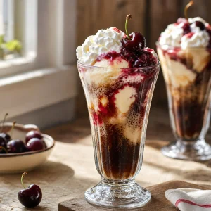 Root beer float alle ciliegie nere con gelato alla vaniglia e panna montata
