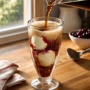 Root beer versata sul gelato alla vaniglia e sulla salsa di ciliegie